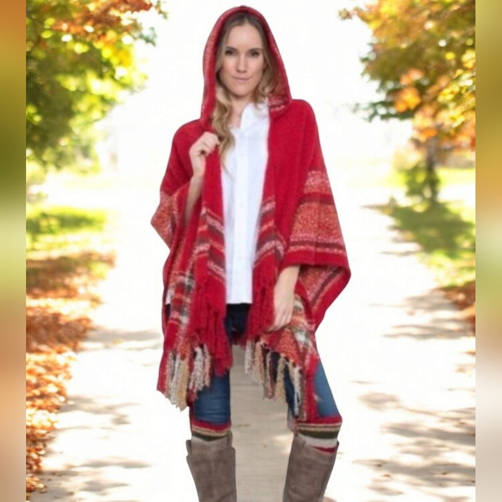 Simply Noelle Super Soft Hooded Fringed Red Cape Shawl